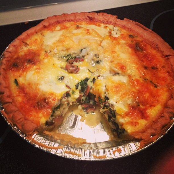 What’s for dinner? Bacon, spinach, and mushroom quiche.