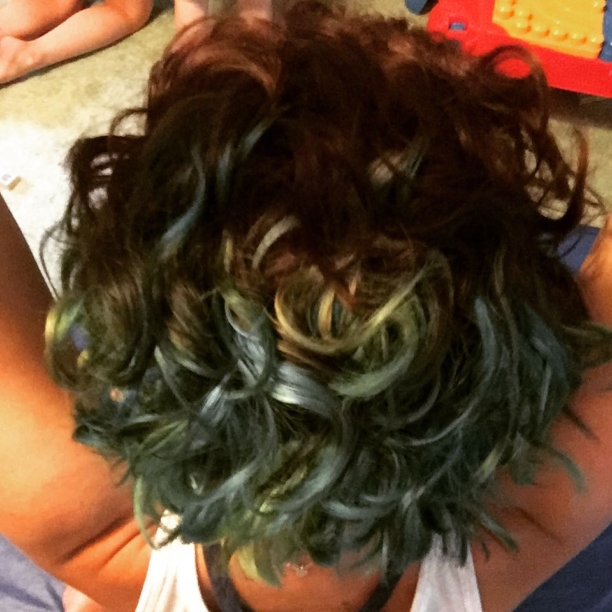 Some aqua and teal curl fun with my little sis. #lilsisbliss #hairbymeagan #greenhairdontcare